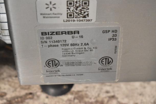 2016 Bizerba GSP HD meat slicer, metal, 120V, 1 phase. Label shows serial number 11340172. ETL certified.