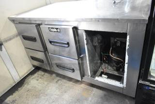 Leader Stainless Steel 4 Drawer Undercounter Cooler on casters. Features include 115 volts, 1 phase. Visible wear on exterior.