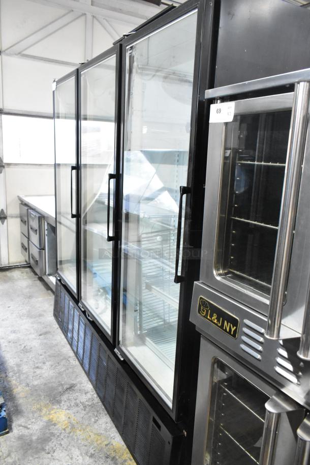 Master-Bilt BLG-74HD 3 Door Commercial Freezer Merchandiser with glass doors, poly coated racks, metal finish, 115/208-230V.