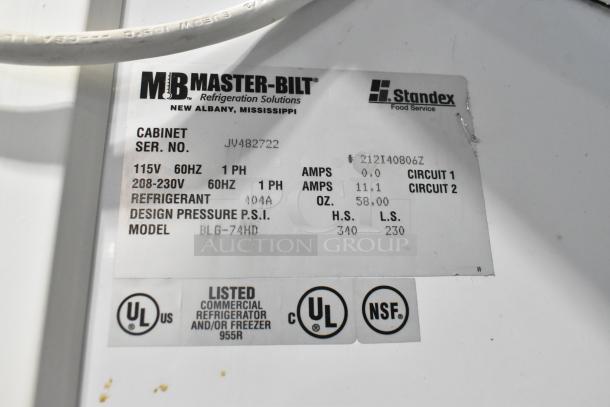 Master-Bilt BLG-74HD freezer label shows electrical specs, refrigerant type, model. UL and NSF certified.