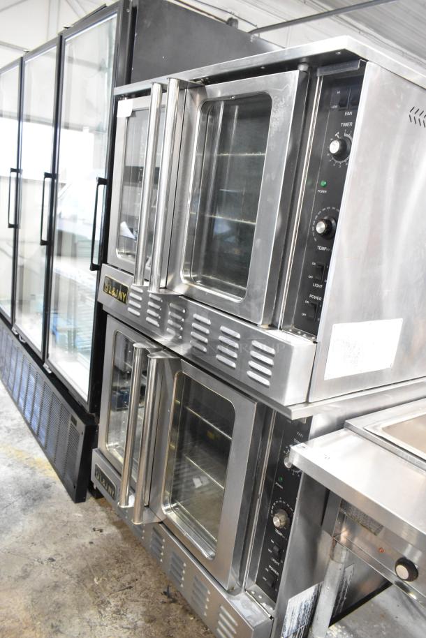 L&J NY stainless steel commercial convection oven with view-through doors, metal racks, thermostatic controls, on casters.