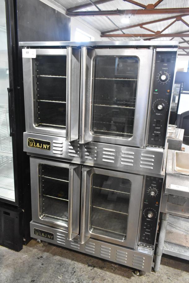 L&J NY stainless steel commercial convection ovens with view-through doors, metal racks, thermostatic controls on casters.