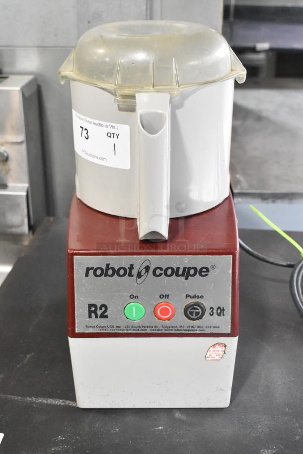 Robot Coupe R2N metal commercial countertop food processor with S blade, 120 volts, 1 phase, 3 qt capacity, in used condition.