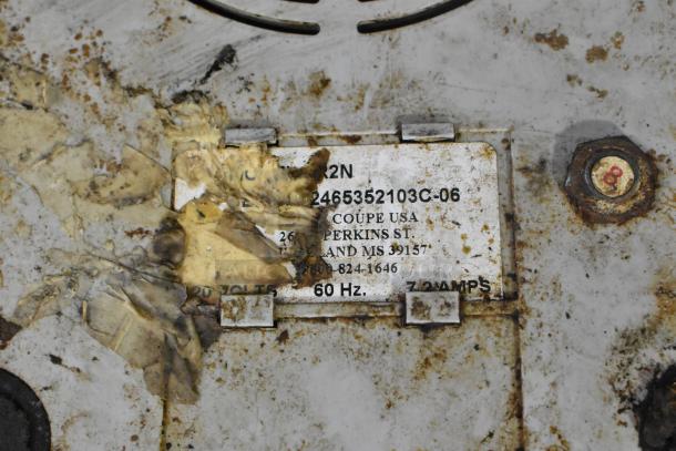 Robot Coupe R2N Metal Food Processor label, displays model, 120 volts, 60 Hz, 7.2 amps, worn condition.