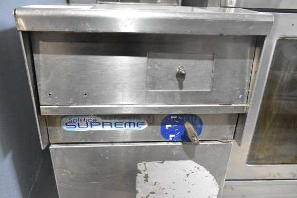 Pitco Frialator SSPG14 Solstice Supreme stainless steel pasta cooker with visible control panel, on commercial casters.