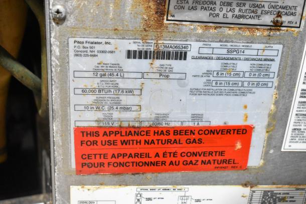 Pitco Frialator SSPG14 commercial pasta cooker, stainless steel, natural gas, on casters, 60,000 BTU, conversion tag visible.