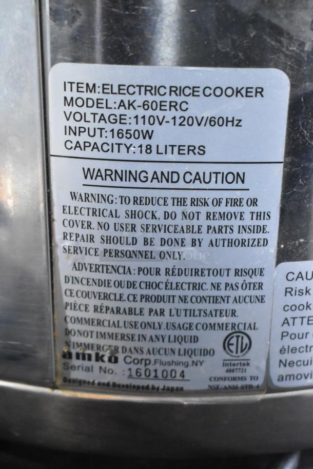 Amko AK-60ERC Metal Countertop Rice Cooker label showing specs: 115V, 1 Phase, 1650W input, 18L capacity.