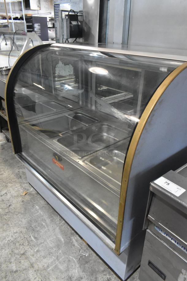 Marc Metal Commercial Heated Display Case Merchandiser with curved glass, metallic finish, and "Caution: Hot" label.