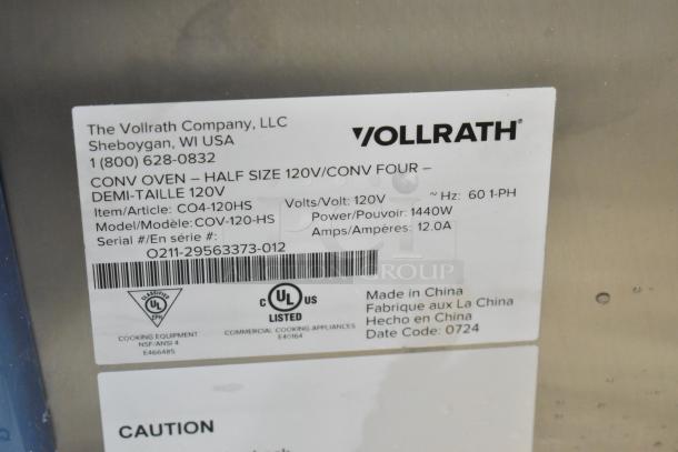 Vollrath COV-120-HS stainless steel convection oven label, 120V, 1440W, scratch and dent, UL listed, made in China.