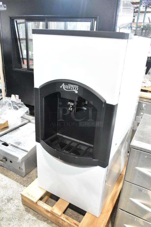 Brand new Avantco 194HBN12022 stainless steel hotel ice dispenser, 120 lb capacity, 22" wide, 120V, 1 phase, slight dents.