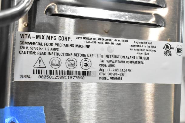 Brand new 2025 VitaMix VM0805B 581 stainless steel frozen dessert mixer. Serial: 00058125, 120V, 1.2 amps.
