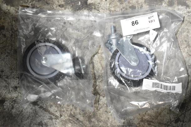 Brand new Regency 5" poly fixed and swivel casters for 6.3/8.5 cu. ft. shopping carts, models 460SHPCRTPRLG and 460SHPCRTPFLG.