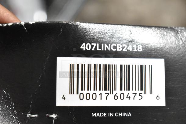 Barcoded tag with "407LINCB2418" and "Made in China" text on black packaging, showing slight scratches.