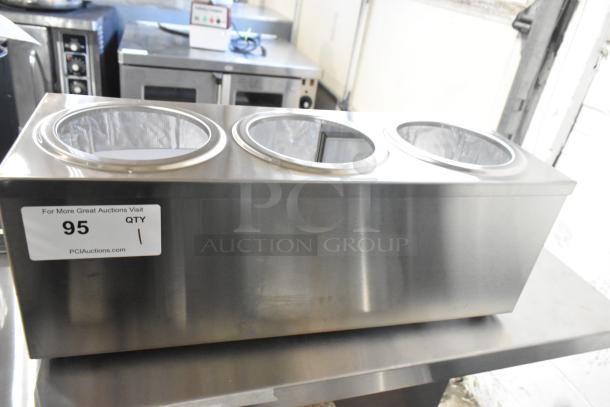 BRAND NEW Carnival King 382CDPW3 stainless steel 3 Qt. triple cone dip warmer. Scratch and dent. 120V, 1 Phase. Auction tag: 95.