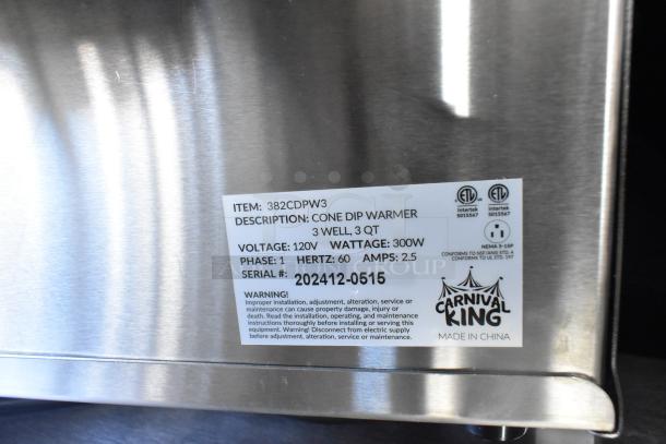 BRAND NEW SCRATCH AND DENT! 2024 Carnival King 382CDPW3 stainless steel 3 Qt. triple cone dip warmer; 120V, 1 phase. Label shows item details.