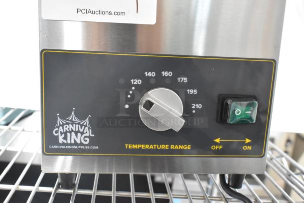 Carnival King 382RWLL35 stainless steel 3.5 Qt. warmer, new with minor scratches, temperature dial and power switch shown.