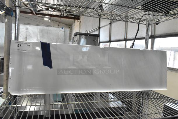 Brand new Avantco white shelf assembly for WVAC-46HC, scratch and dent condition, item number 19386573, auction label on side.