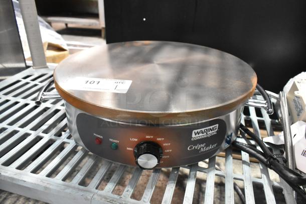 BRAND NEW Waring WSC165B 16" round crepe maker, 208/240 volts, 1 phase, with minor scratches. Temperature dial and status lights visible.