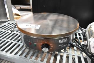 BRAND NEW Waring WSC165B 16" round crepe maker, 208/240 volts, 1 phase, with minor scratches. Temperature dial and status lights visible.