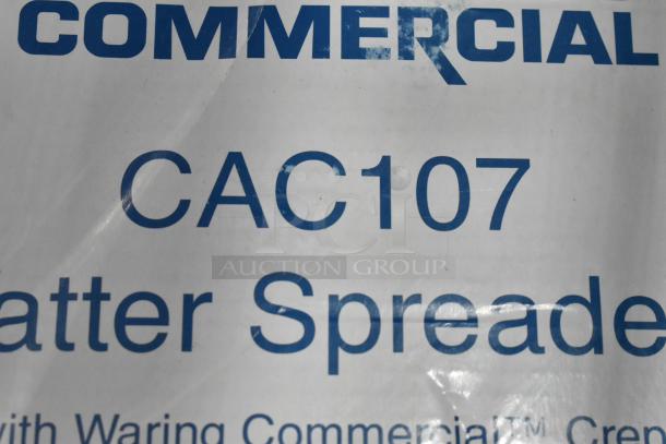 Label reading "COMMERCIAL CAC107 Batter Spreader" related to Waring crepe maker packaging.