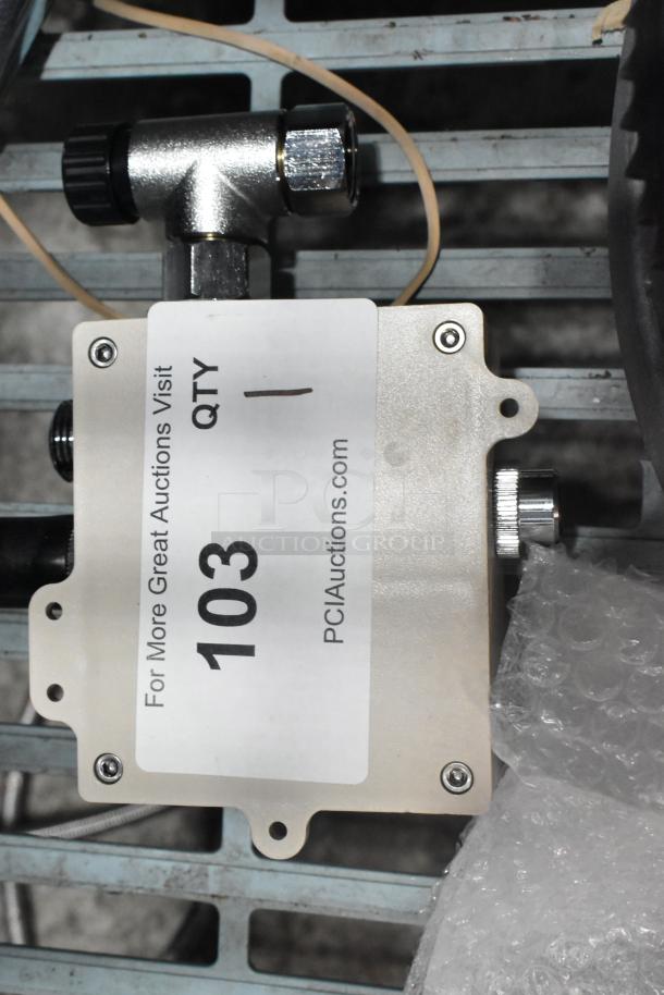 BRAND NEW SCRATCH AND DENT box, labeled "103" with auction site info, metal connectors, minor cosmetic imperfections.