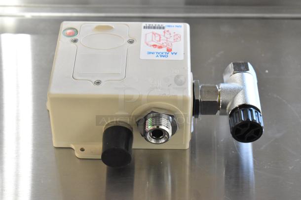 "New scratch and dent industrial box, labeled 'ONLY AA ALKALINE,' features metal fittings, in excellent condition."