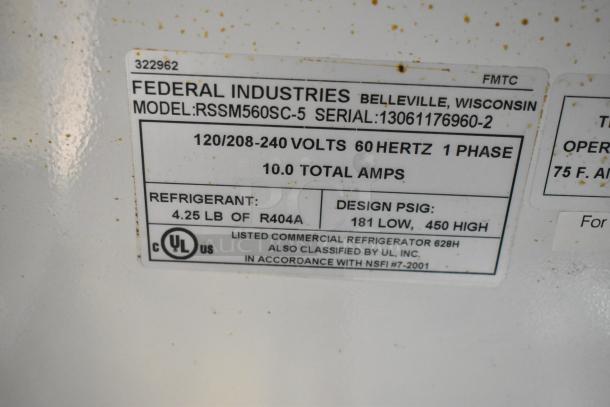 Federal Industries RSSM560SC-5 commercial merchandiser label showing voltage, amps, refrigerant, and UL certification.