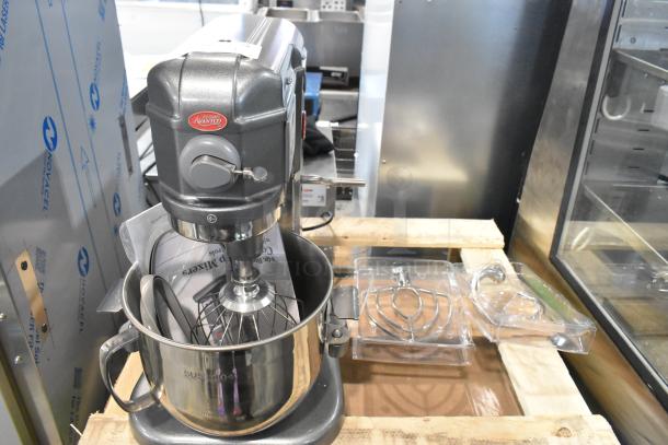 Brand new Avantco 177MIX8GY 8 Qt. Mixer, dark gray, with bowl, paddle, whisk, and dough hook. 120V, bowl lift design.