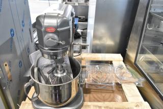 Brand new Avantco 177MIX8GY 8 Qt. Mixer, dark gray, with bowl, paddle, whisk, and dough hook. 120V, bowl lift design.