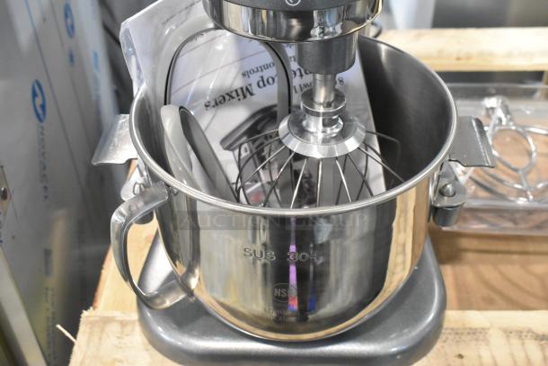 Brand new Avantco 177MIX8GY dark gray 8 Qt. mixer with bowl, paddle, whisk, dough hook. NSF certified, 120V, 1 phase.