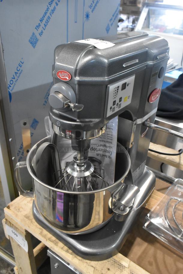 Avantco 177MIX8GY dark gray 8 Qt. bowl lift mixer with bowl, paddle, whisk, and dough hook. 120 Volt, 1 phase, new condition.