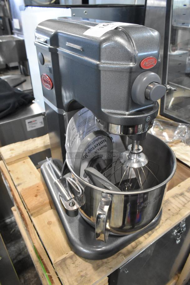 Brand new Avantco 177MIX8GY dark gray 8 qt. mixer with bowl, paddle, whisk, dough hook. Bowl lift, 120V, 1 phase.