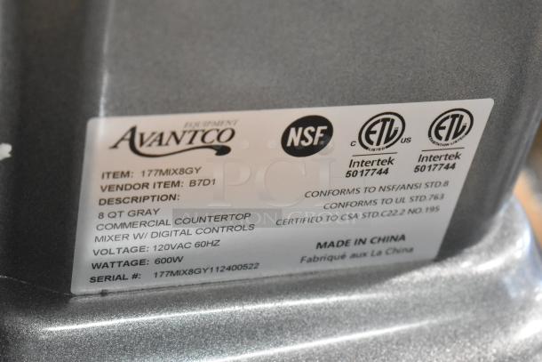 Avantco 177MIX8GY gray 8 Qt. countertop mixer with bowl, paddle, whisk, and dough hook. Brand new condition, 120V, 1 phase.