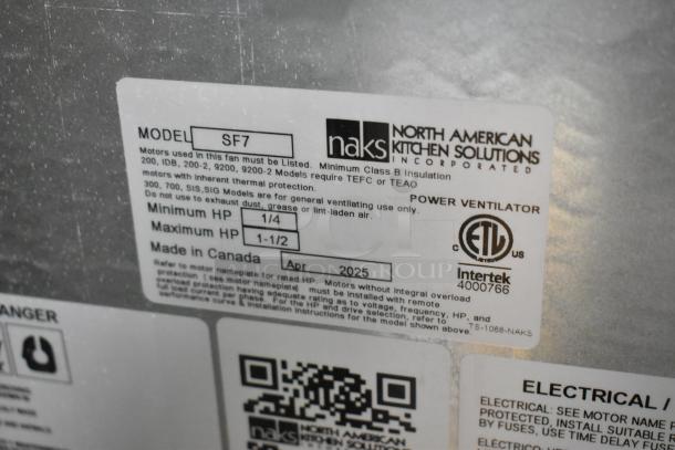 Brand new Naks SF7 belt drive supply fan label, showing model SF7, min 1/4 HP, max 1-1/2 HP, made in Canada April 2025.