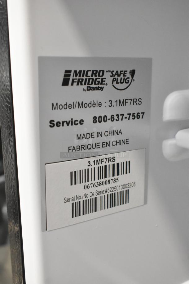 Micro Fridge 3.1MF7RS label showing model, service contact, and serial number. 115V, 1 phase, made in China.