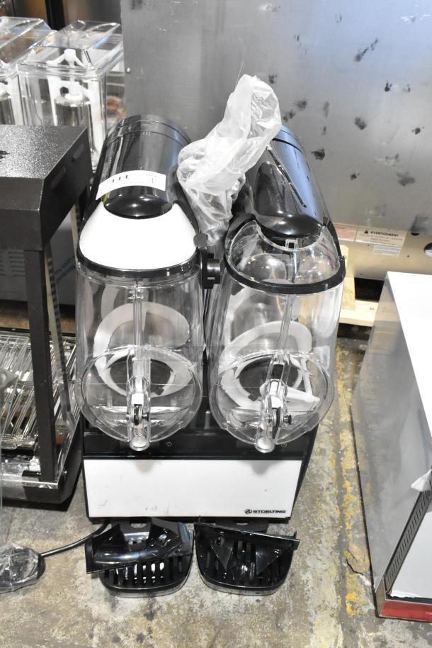 Brand new Stoelting SCBF128-37 frozen beverage machine, 2.6-gallon capacity, 115 volts, 1 phase, dual dispensers, in crate.