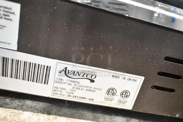 Avantco 177HDC26 countertop heated display case label; 120V, 1500W, made in China. Item missing glass panel.