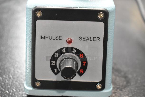 Alt text: Hualian FS-200M Impulse Sealer control panel showing dial settings 1-8. Brand new condition. 110V, 1 Phase.