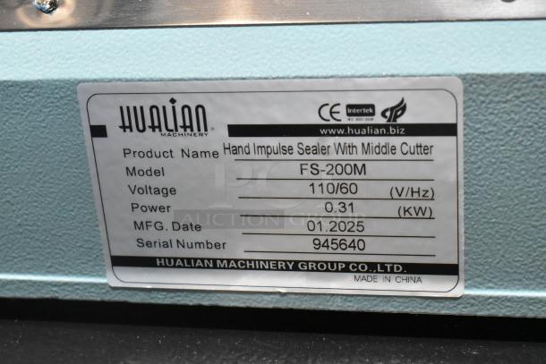 Hualian FS-200M Metal Countertop Hand Impulse Sealer with Middle Cutter, 110V, Model: FS-200M, Serial: 945640, New.