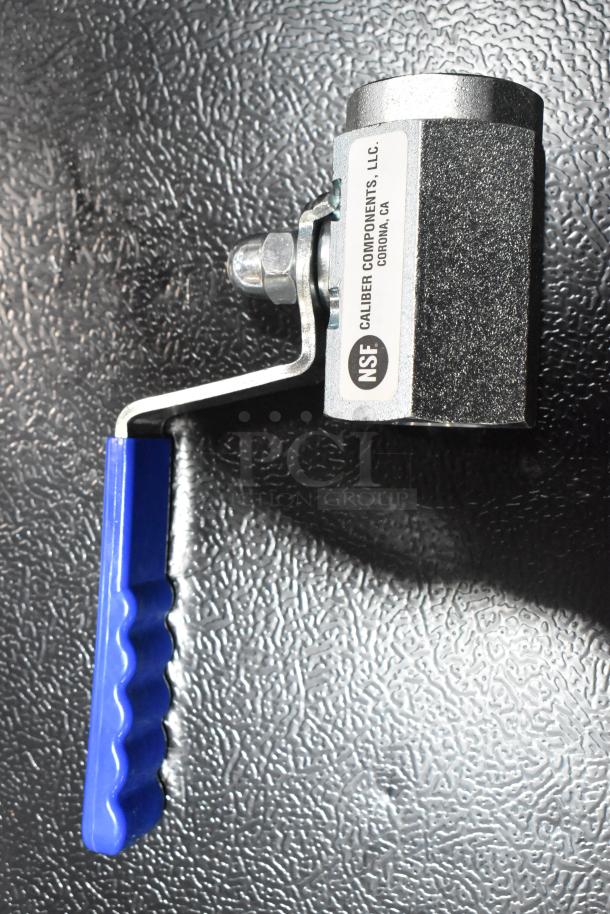 Brand new American Range A80201 shut off valve HPA80201, blue handle, Caliber Components label, minor scratches visible.