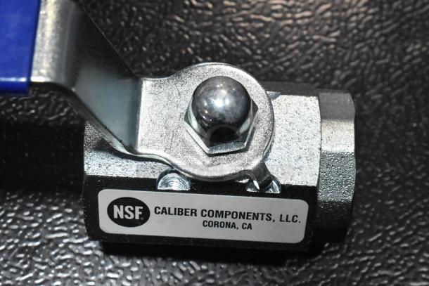 Brand new American Range A80201 shut-off valve, NSF certified, visible minor scratches; Caliber Components LLC label.