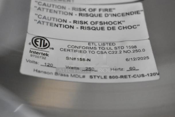 BRAND NEW Hanson Brass 800-RET-CUS heat lamp, stainless steel finish, retractable cord, ETL listed, 120V, 1 phase, 250W.