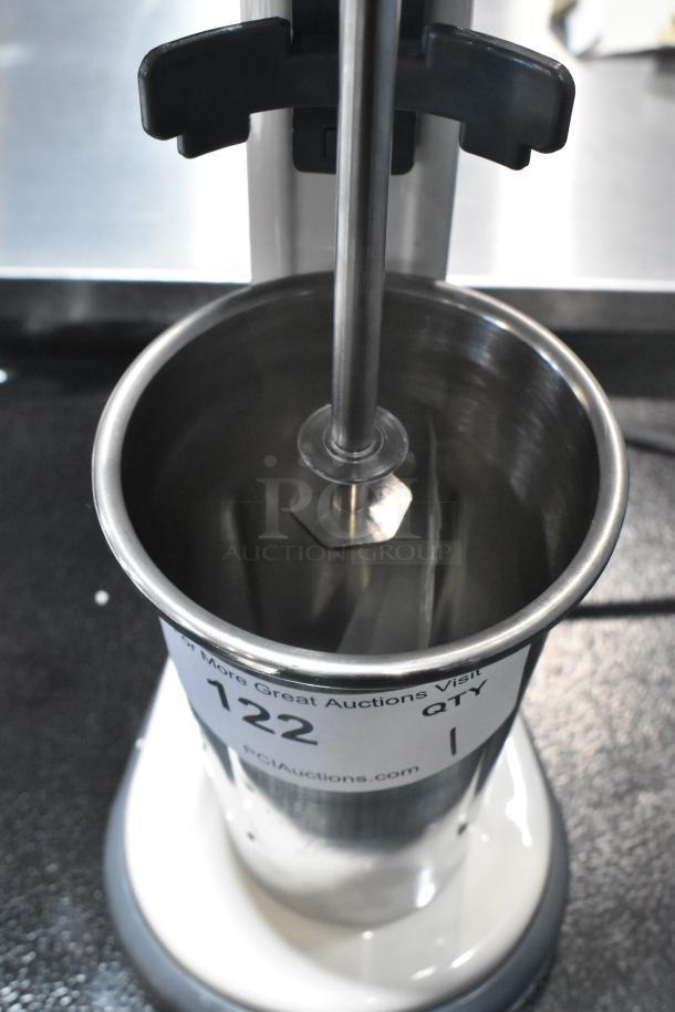 Brand new AvaMix 928RDM1CRM Retro Cream Single Spindle Drink Mixer, 120V, Scratch and Dent condition, with stainless steel mixing cup.