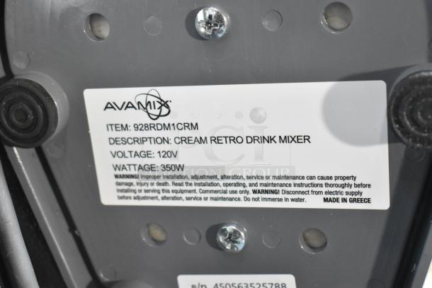 BRAND NEW AvaMix 928RDM1CRM Retro Cream Drink Mixer, 120V, single spindle. Label shows model, voltage, and warnings.