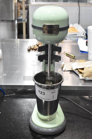 AvaMix 928RDM1SF Retro Seafoam Single Spindle Drink Mixer, 120V, new with scratch and dent, model label visible.