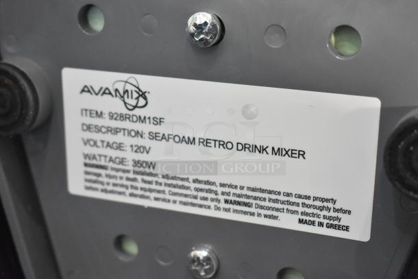 AvaMix 928RDM1SF Retro Seafoam Single Spindle Drink Mixer, 120V, 350W, new with minor scratches; label indicates model and specs.