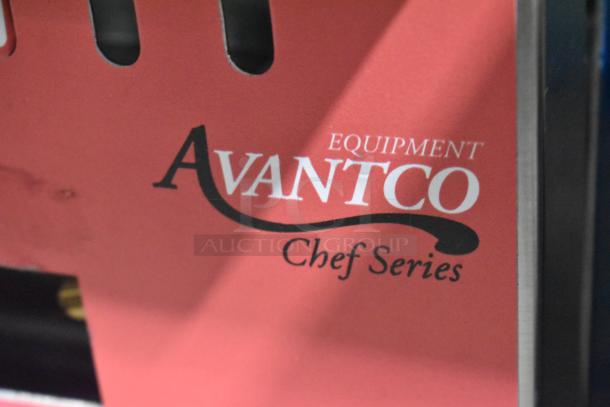 Alt text: Avantco Chef Series logo on the 177CAGR212 stainless steel 2 burner gas range, missing grates, 50,000 BTU.
