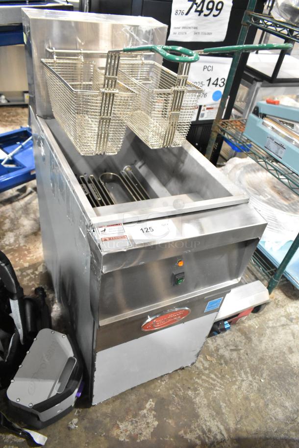 Brand new Avantco 177EF40C stainless steel electric floor fryer with 2 metal fry baskets, 40 lb. capacity, 208V, 3 phase.