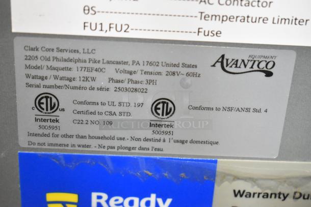 Avantco 177EF40C stainless steel electric fryer label, showing model, voltage, certifications, and use instructions.