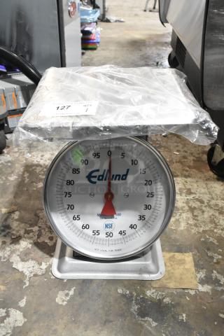 BRAND NEW Edlund HD-100 heavy-duty 100 lb. receiving scale, scratch and dent, 12" x 12" platform, model displayed.